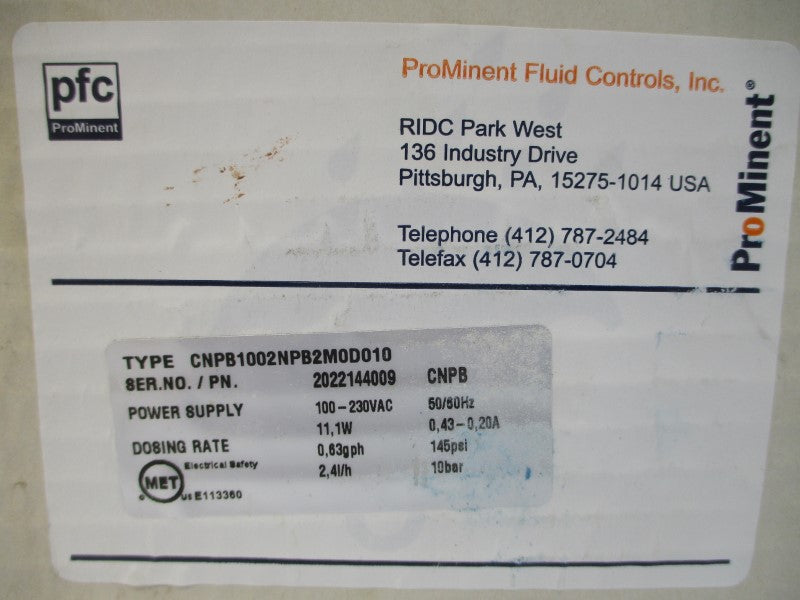 PROMINENT FLUID CONTROLS CNPB1002NPB2M0D010 100-230VAC 0.43-0.20A 145PSI NSMP