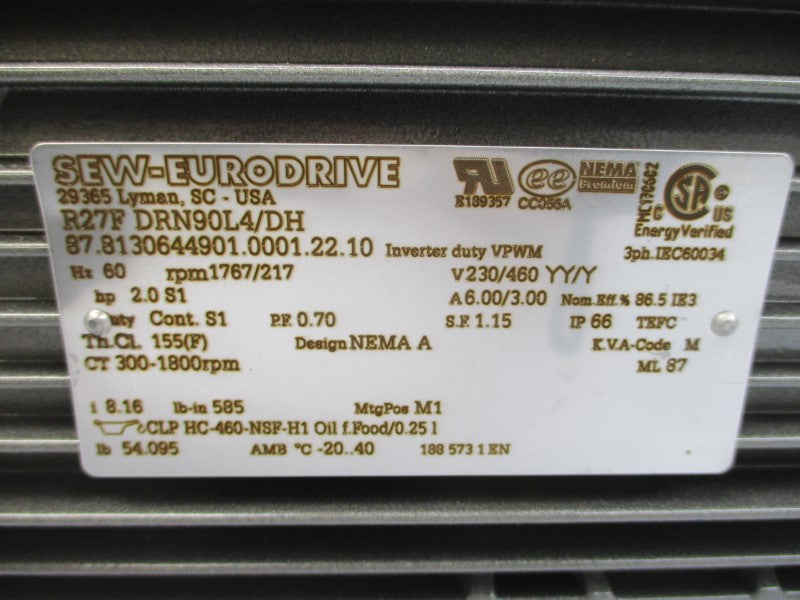 SEW-EURODRIVE R27FDRN90L4/DH 230/460V 6.00/3.00A NSNP