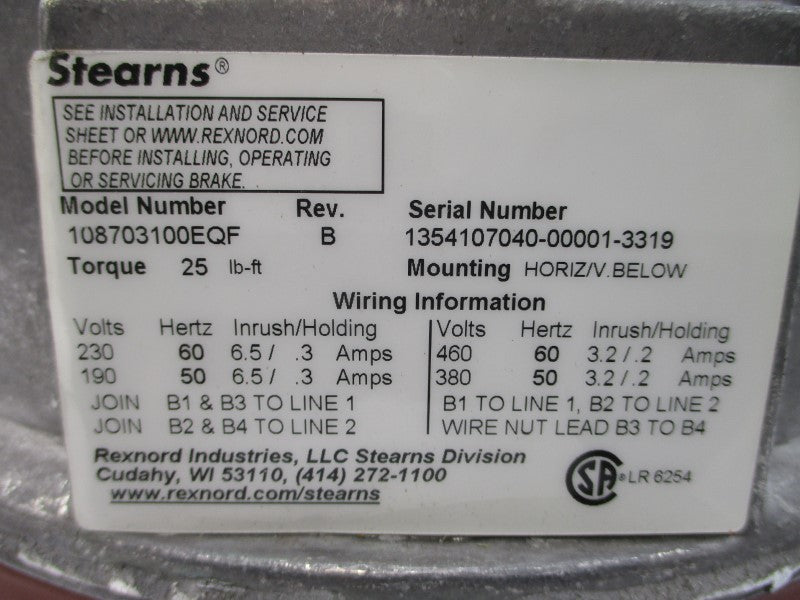 STEARNS 108703100EQF 480V 6.5/.3A REV. B UNMP