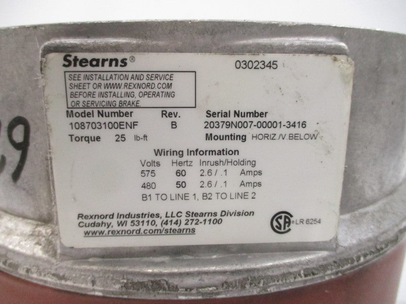 STEARNS 108703100ENF 480/575V 2.6/.1A REV. B UNMP
