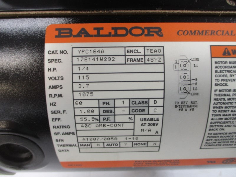 BALDOR YPC164A 17E141W292 115V 3.7A NSMP