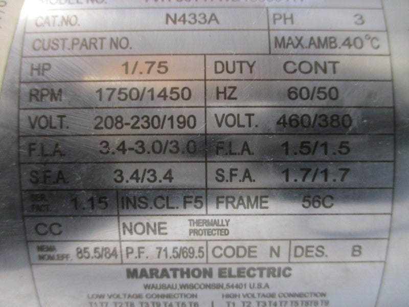 MARATHON ELECTRIC N433A TVH56T17WD15330AF 460/380V 3.4-3.0/3.0A NSNP