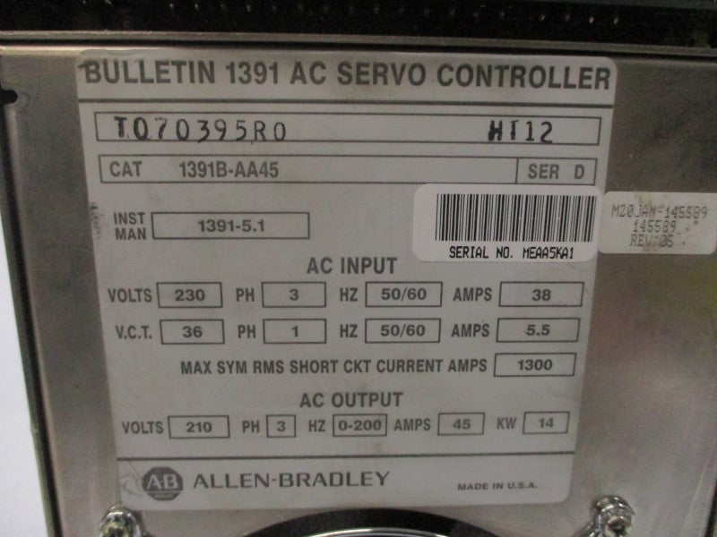 ALLEN BRADLEY 1391B-AA45 SER. D 230VAC 38A UNMP