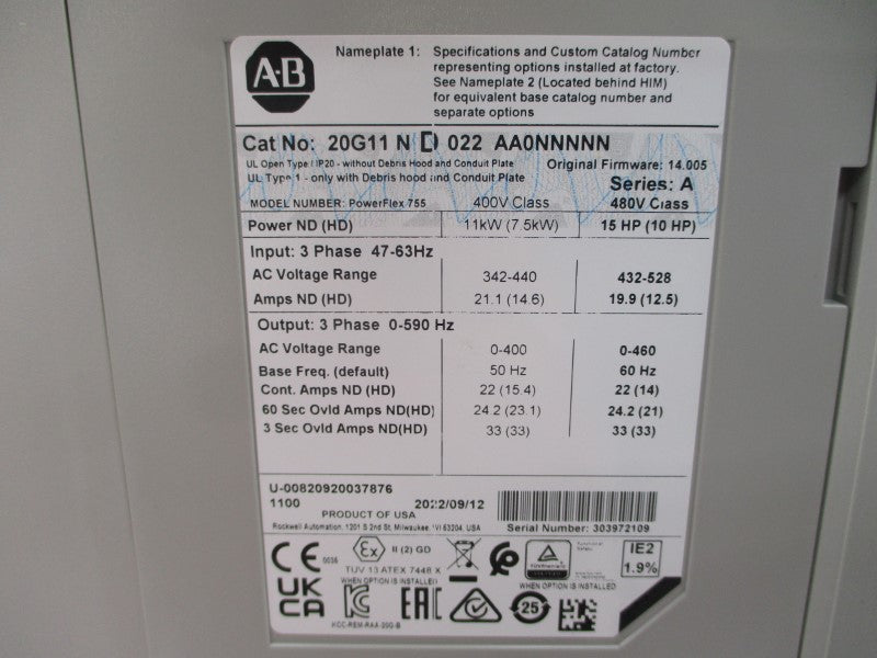 ALLEN BRADLEY 20G11ND022AA0NNNNN SER. A F/W 14.005 480VAC 19.9A NSMP