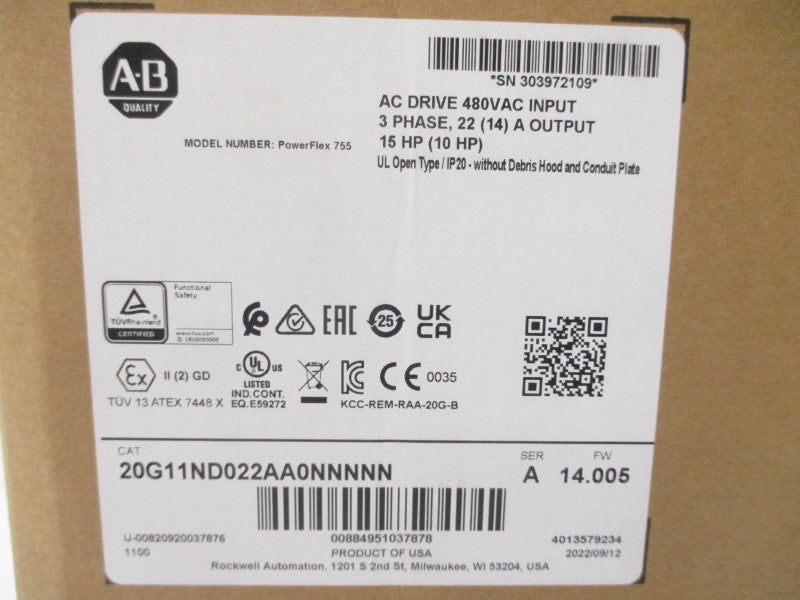ALLEN BRADLEY 20G11ND022AA0NNNNN SER. A F/W 14.005 480VAC 19.9A NSMP