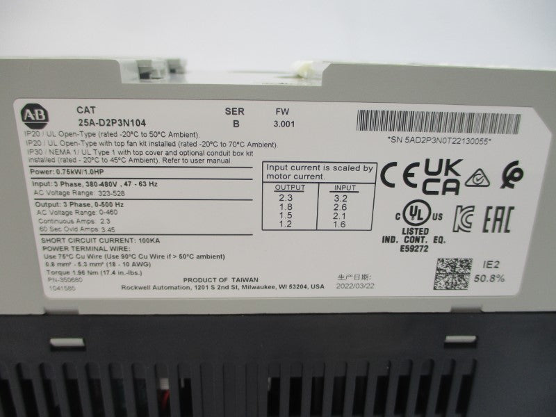 ALLEN BRADLEY 25A-D2P3N104 SER. B F/W 3.001 380-480VAC 2.3A NSMP