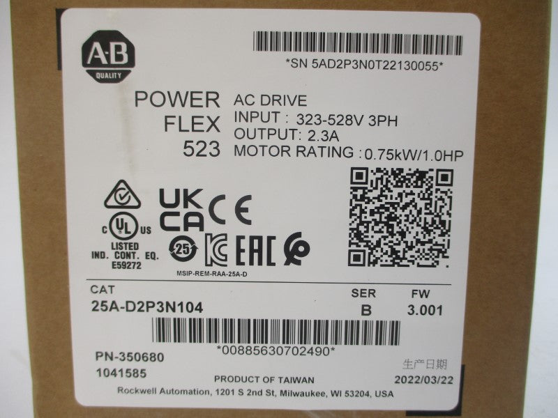 ALLEN BRADLEY 25A-D2P3N104 SER. B F/W 3.001 380-480VAC 2.3A NSMP