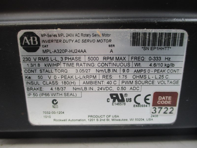 ALLEN BRADLEY MPL-A320P-HJ24AA SER. A 240VAC 9.0A REMAN