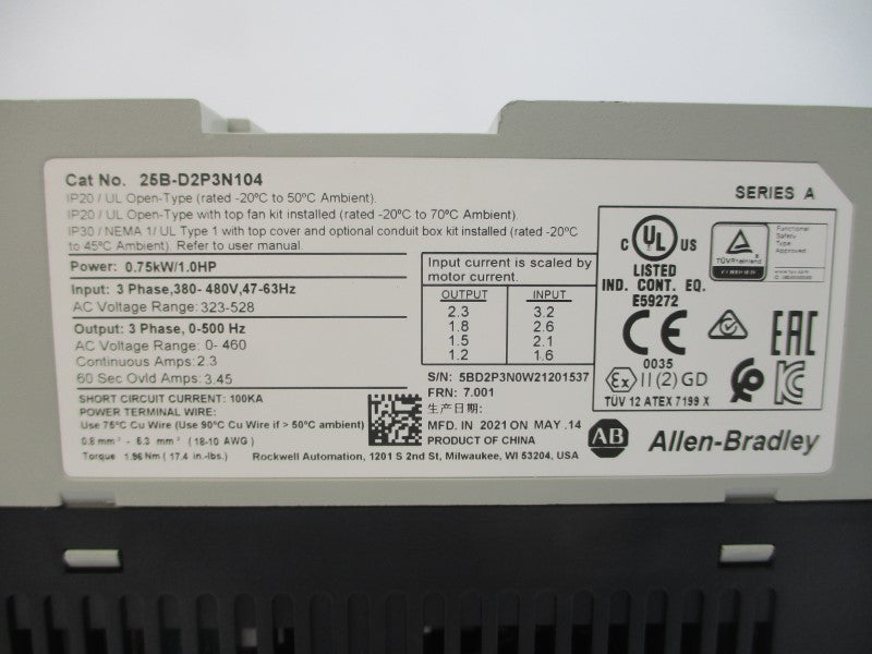 ALLEN BRADLEY 25B-D2P3N104 SER. A F/W 7.001 380-480VAC 2.3A NSMP