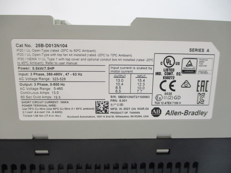 ALLEN BRADLEY 25B-D013N104 SER. A F/W 6.001 380-480VAC 15.4A NSMP