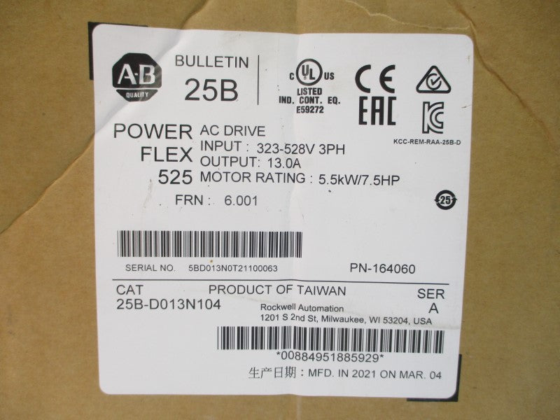 ALLEN BRADLEY 25B-D013N104 SER. A F/W 6.001 380-480VAC 15.4A NSMP