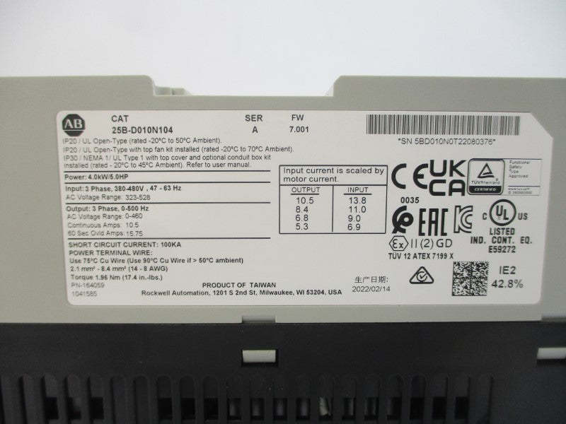 ALLEN BRADLEY 25B-D010N104 SER. A F/W 7.001 323-528VAC 13.8-6.9A NSMP
