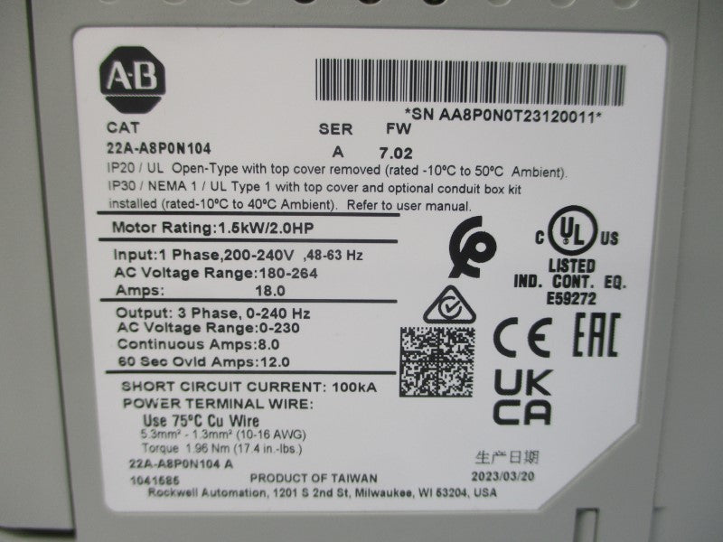 ALLEN BRADLEY 22A-A8P0N104 SER. A F/W 7.02 200-240VAC 18.0A NSMP