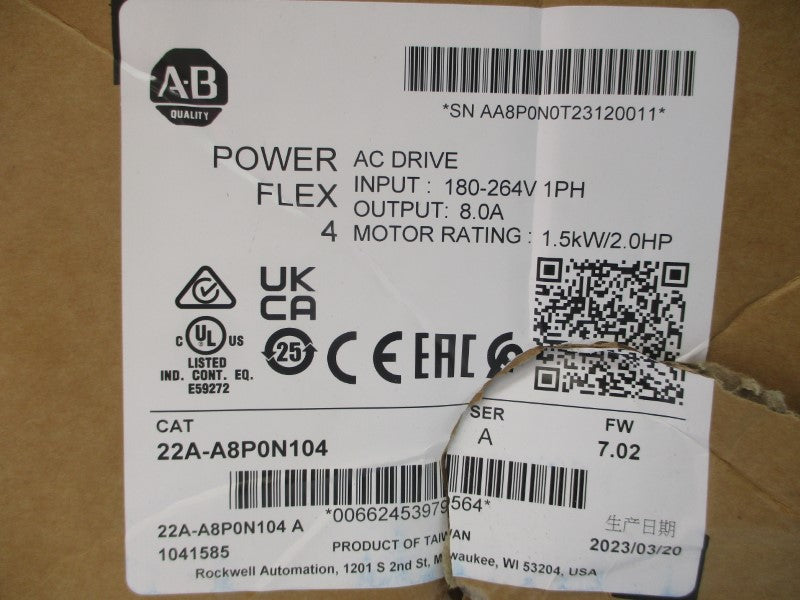 ALLEN BRADLEY 22A-A8P0N104 SER. A F/W 7.02 200-240VAC 18.0A NSMP