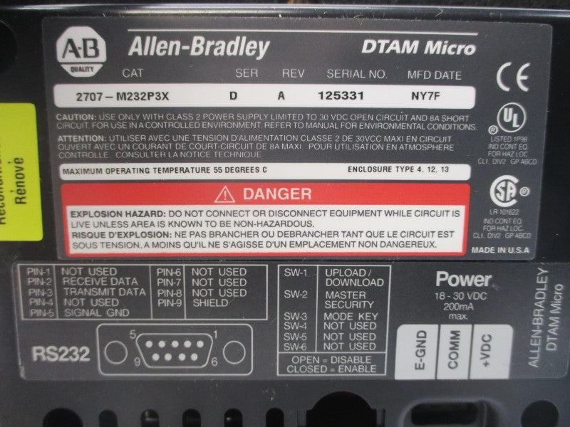 ALLEN BRADLEY 2707-M232P3X SER. D 18-30VDC (BR/WH) REMAN