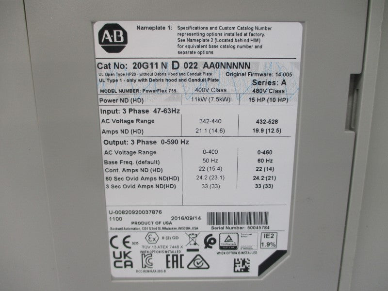 ALLEN BRADLEY 20G11ND022AA0NNNNN SER. A F/W 14.005 480VAC 22A REMAN
