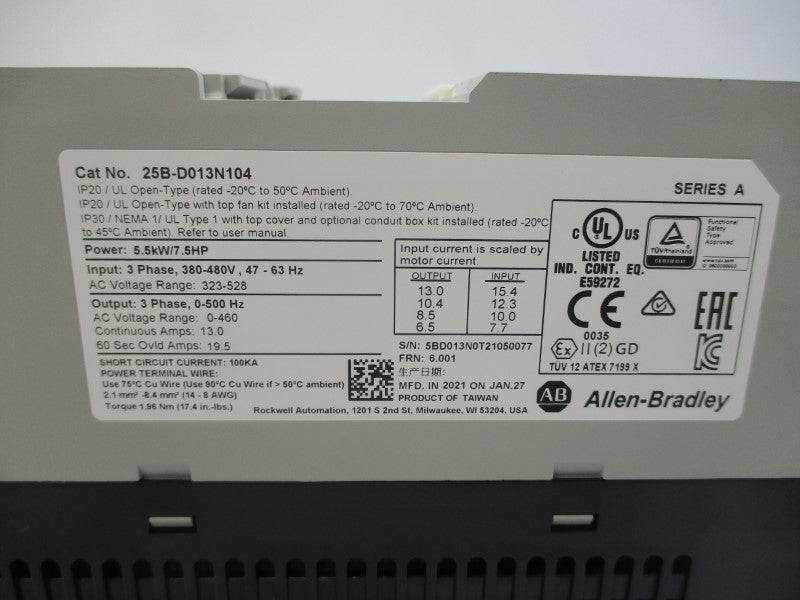 ALLEN BRADLEY 25B-D013N104 SER. A F/W 6.001 380-480VAC 15.4A NSMP