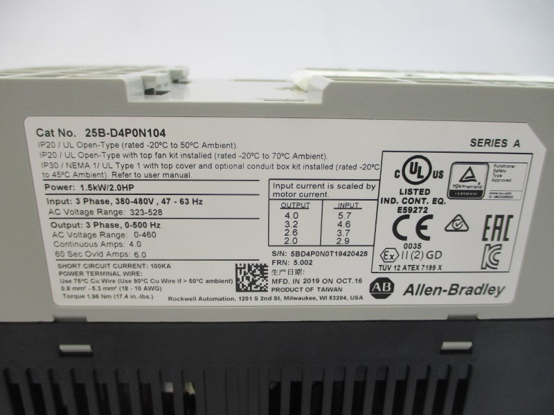 ALLEN BRADLEY 25B-D4P0N104 SER. A F/W 5.002 380-480VAC 4.0A NSMP