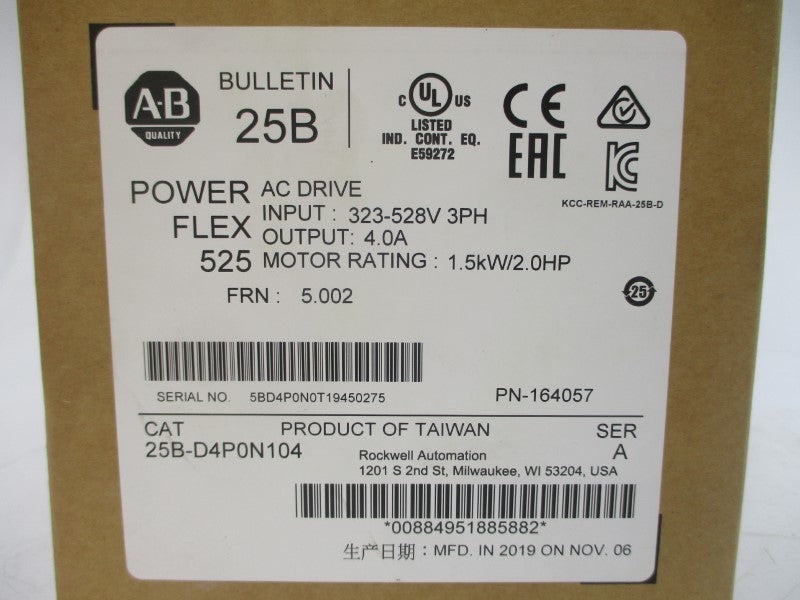 ALLEN BRADLEY 25B-D4P0N104 SER. A F/W 5.002 380-480VAC 4.0A NSMP