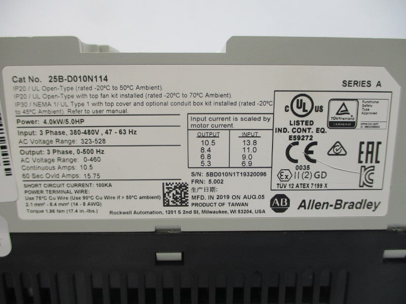 ALLEN BRADLEY 25B-D010N114 SER. A F/W 5.002 380-480VAC 10.5A NSNP