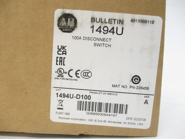 ALLEN BRADLEY 1494U-D100 SER. A 600VAC 100A (BR/WH) NSMP