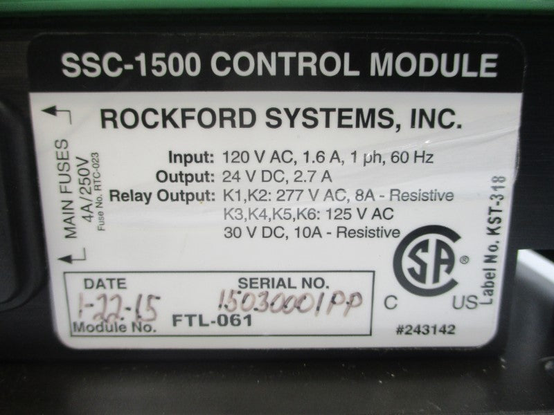 ROCKFORD SYSTEMS SSC-1500 FTL-061 120VAC 1.6A UNMP