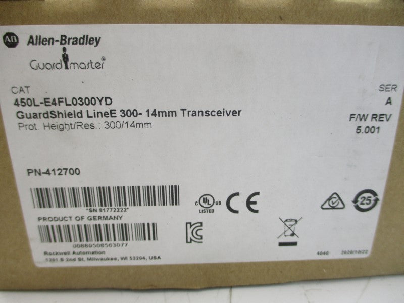 ALLEN BRADLEY 450L-E4FL0300YD SER. A F/W 5.002 24VDC (BR/WH) NSMP