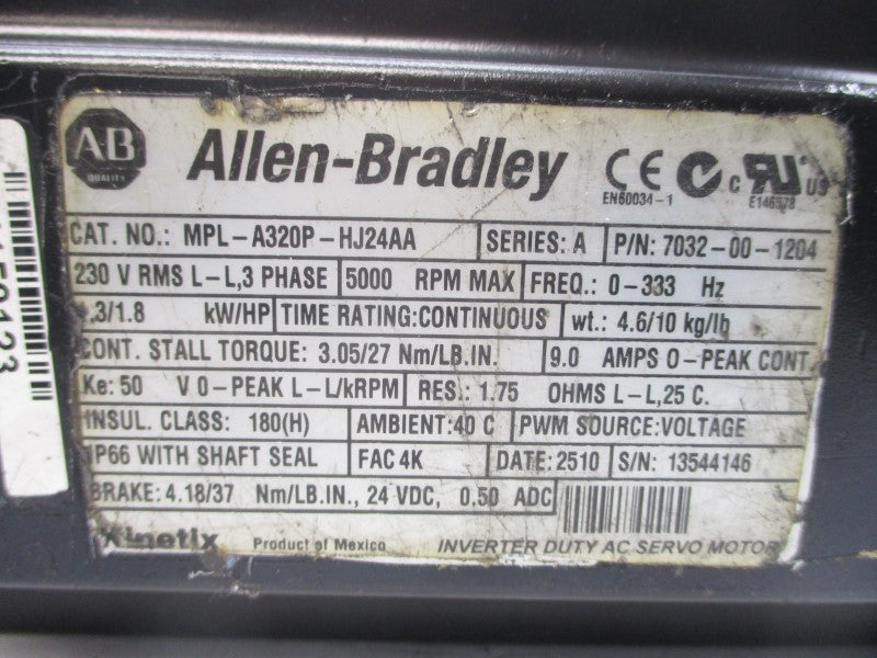 ALLEN BRADLEY MPL-A320P-HJ24AA SER. A 230VAC 9.0A UNMP