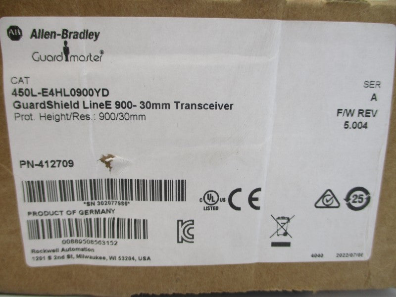 ALLEN BRADLEY 450L-E4HL0900YD SER. A F/W 5.004 24VDC (BR/WH) NSMP