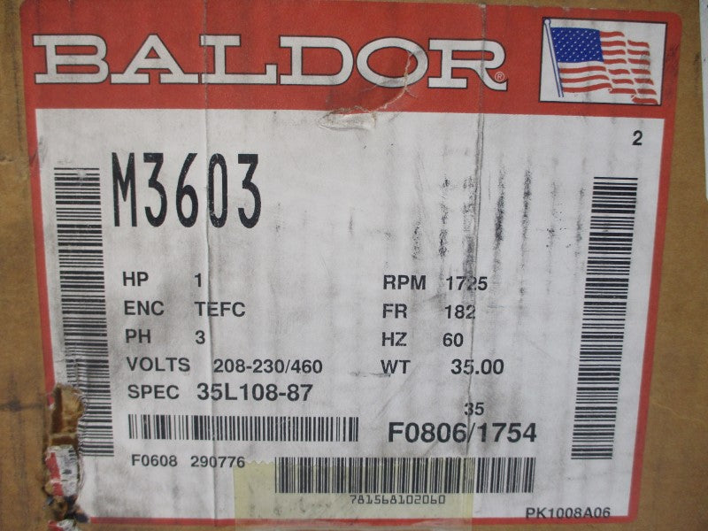 BALDOR M3603 35L108-87 208-230/460V 3.6-3.4/1.7A NSMP