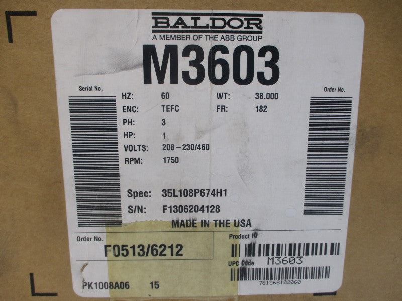 BALDOR M3603 35L108P674H1 208-230/460V 3.38-3.12/1.56A NSMP
