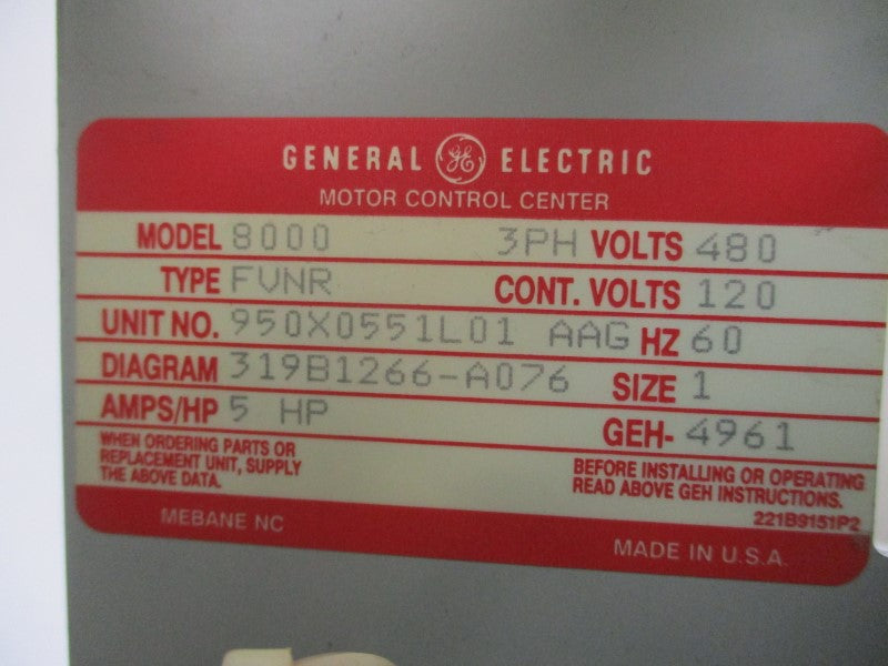 GENERAL ELECTRIC 8000FVNR 950X0551L01AAG 480V 5A UNMP