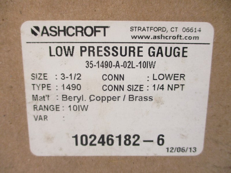 ASHCROFT 35-1490-A-02L-10IW 0-10H2O 3-1/2" NSMP