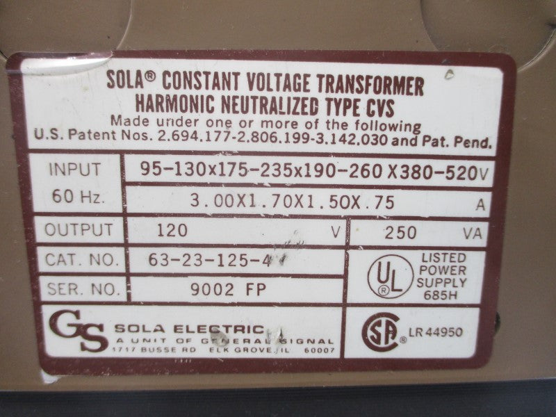 SOLA ELECTRIC 63-23-125-4 380-520V 3.00A UNMP