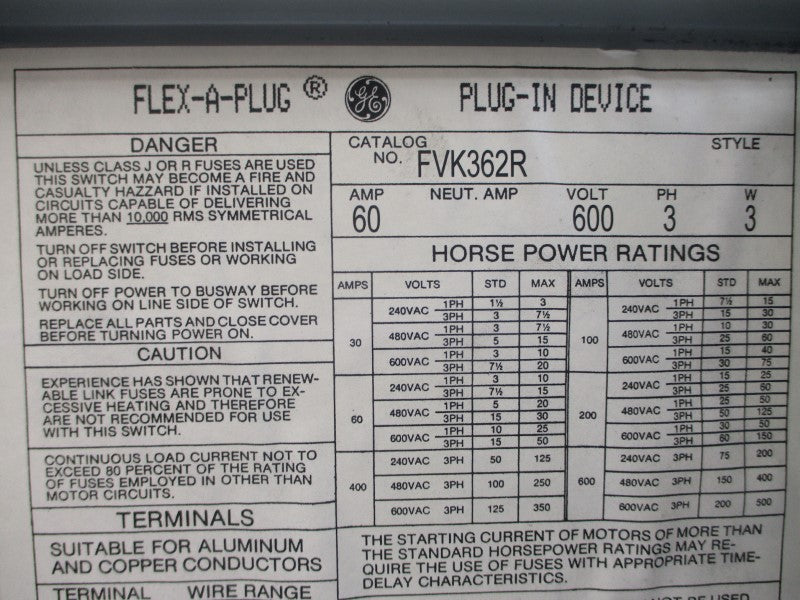 GENERAL ELECTRIC FVK362R 600V 60A NSNP