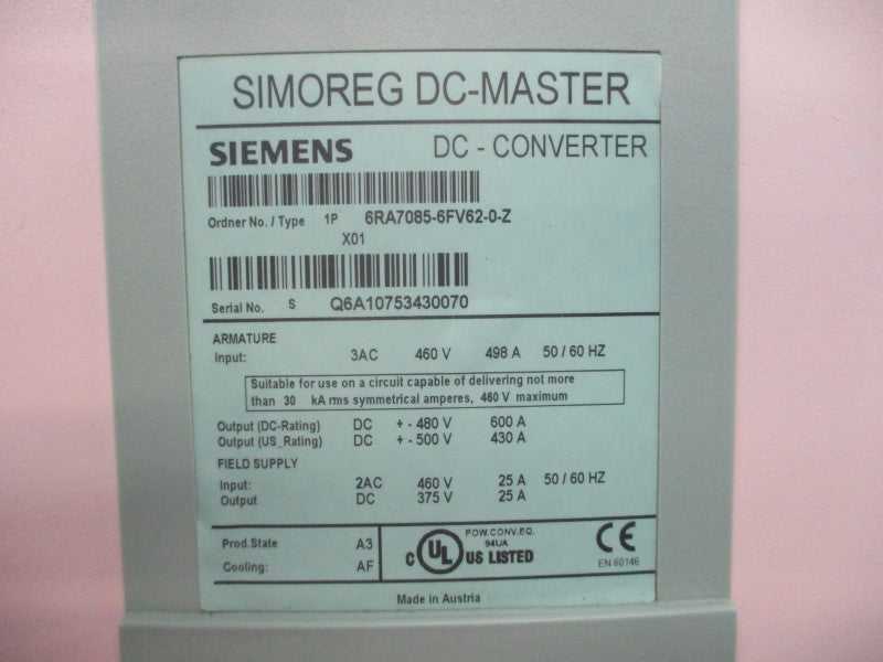 SIEMENS 6RA7085-6FV62-0-Z 460VAC 498A UNMP