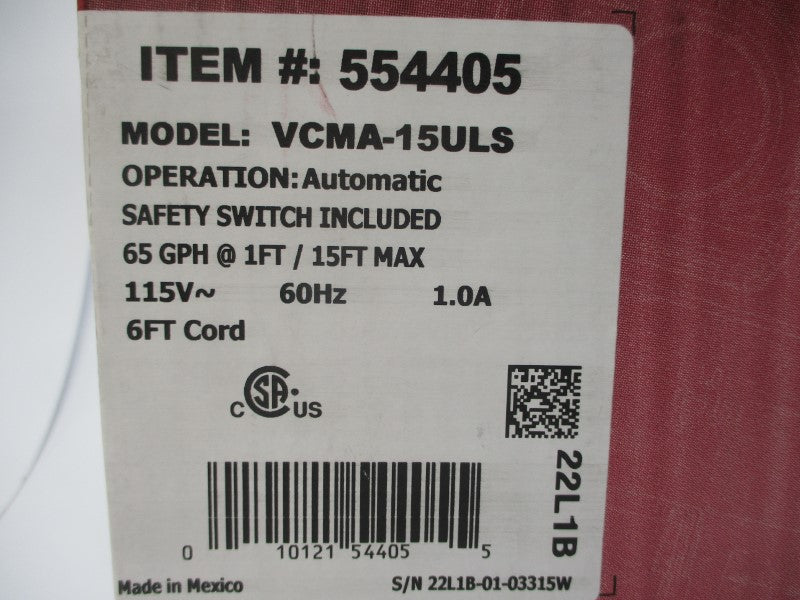 LITTLE GIANT 554405 VCMA-15ULS 115V 1.0A NSMP