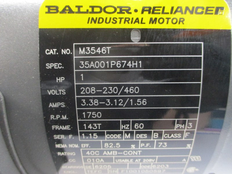 BALDOR M3546T 35A001P674H1 208-230/460V 3.38-3.12/1.56A NSMP