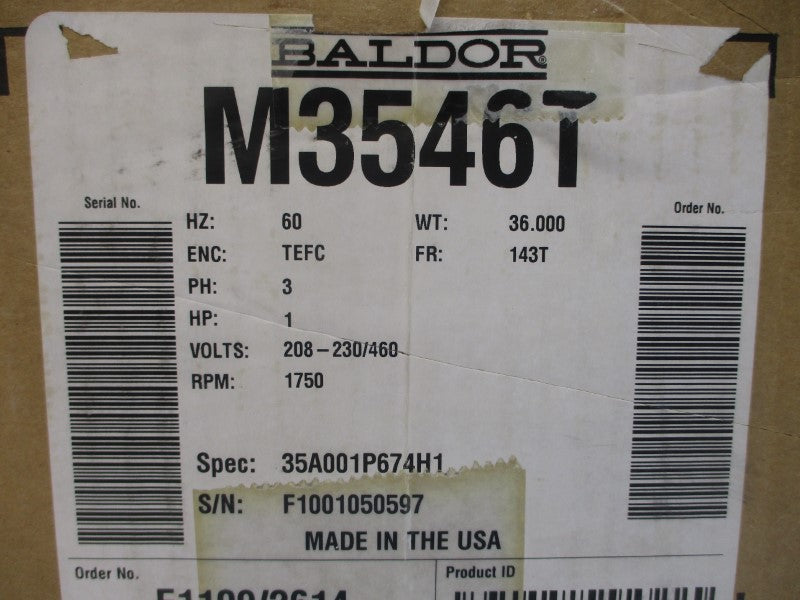 BALDOR M3546T 35A001P674H1 208-230/460V 3.38-3.12/1.56A NSMP