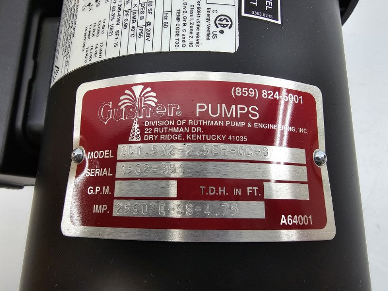 GUSHER PUMPS SC1.5X2-5.5EH-CC-B 00236ET3EJRR56J-S 208-230/460V 5.46-4.94/2.47A NSMP