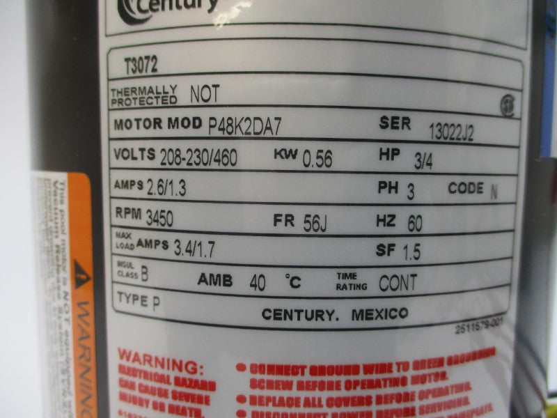 CENTURY T3072 P48K2DA7 208-230/460V 2.6/1.3A NSMP