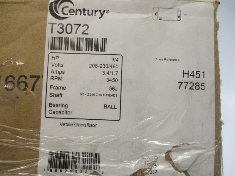 CENTURY T3072 P48K2DA7 208-230/460V 2.6/1.3A NSMP