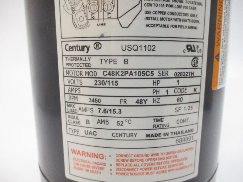 CENTURY USQ1102 C48K2PA105C5 230/115V 7.6/15.3A NSMP