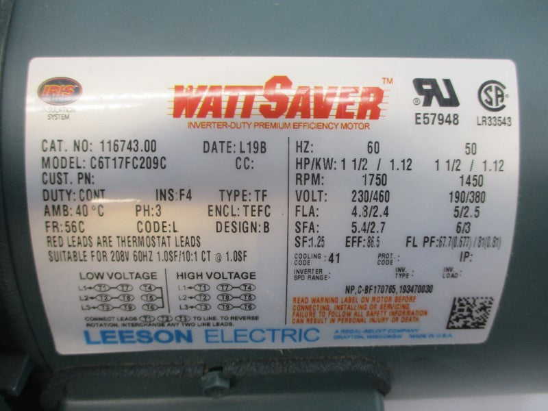 LEESON ELECTRIC 116743.00 C6T17FC209C 230/460V 4.8/2.4A NSMP