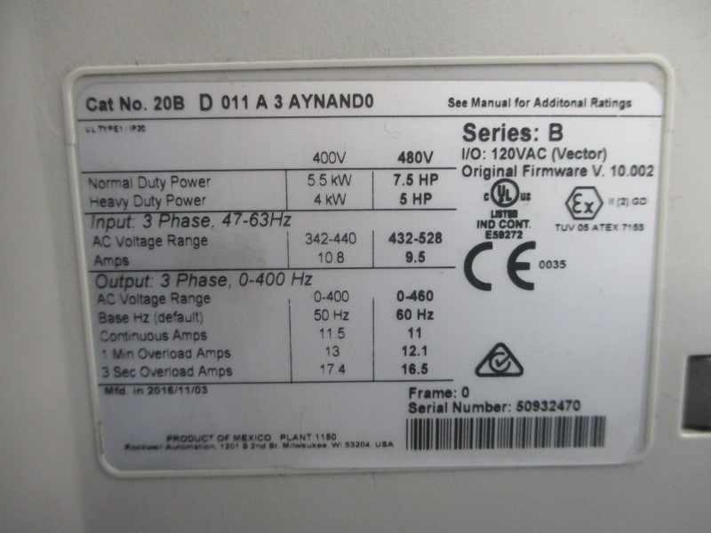 ALLEN BRADLEY 20BD011A3AYNAND0 SER. B F/W 10.002 480VAC 11A UNMP