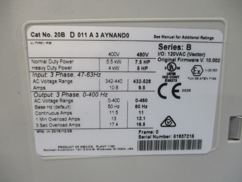 ALLEN BRADLEY 20BD011A3AYNAND0 SER. B F/W 10.002 480VAC 11A NSMP