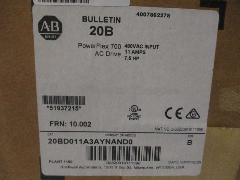 ALLEN BRADLEY 20BD011A3AYNAND0 SER. B F/W 10.002 480VAC 11A NSMP