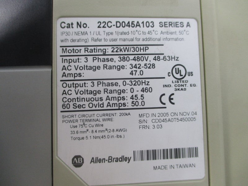 ALLEN BRADLEY 22C-D045A103 SER. A 380-480VAC 47.0A F/W 3.03 (AS PICTURED) UNMP