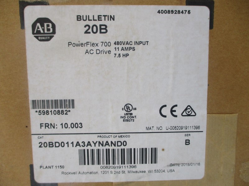 ALLEN BRADLEY 20BD011A3AYNAND0 SER. B F/W 10.003 480VAC 11A DATE: 2018 NSFS