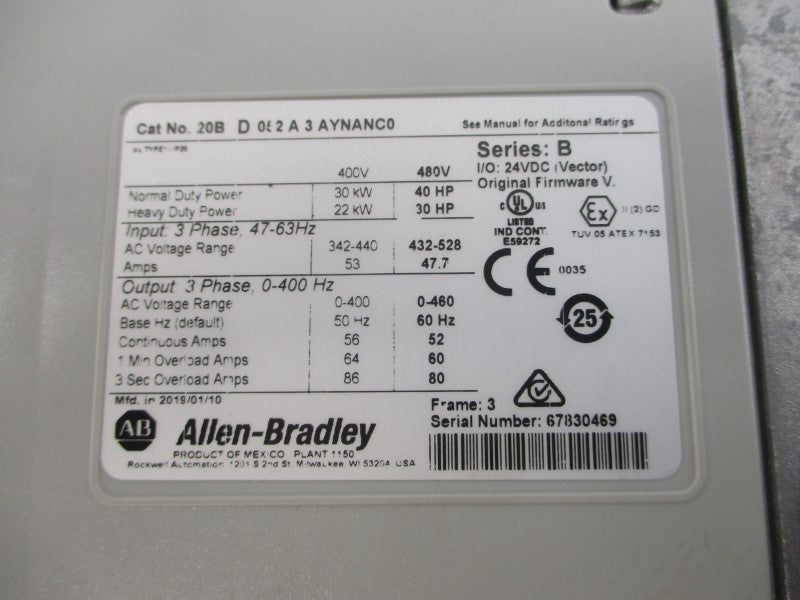 ALLEN BRADLEY 20BD052A3AYNANC0 SER. B 480VAC 52A NSMP